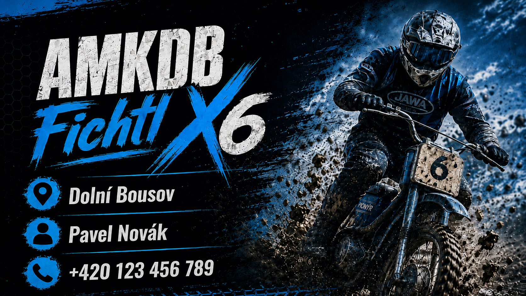 Vizitka AMKDB Fichtl X6 s motokrosovým jezdcem a kontaktními údaji