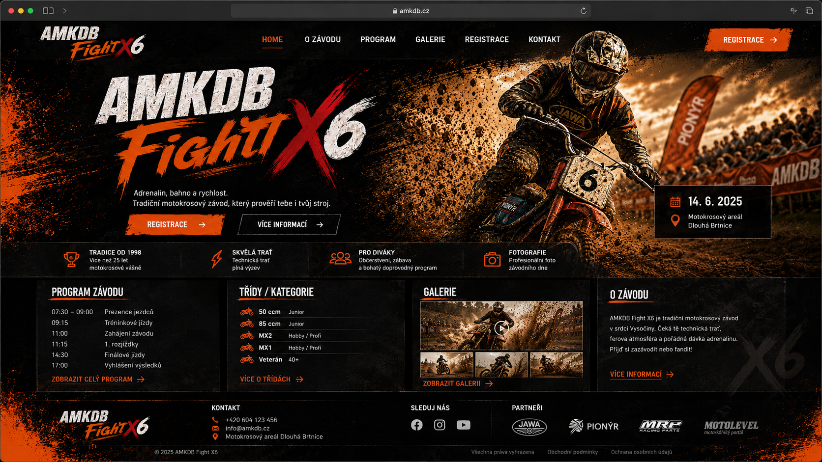 Landing page závodu AMKDB Fight X6 s programem, kategoriemi a galerií