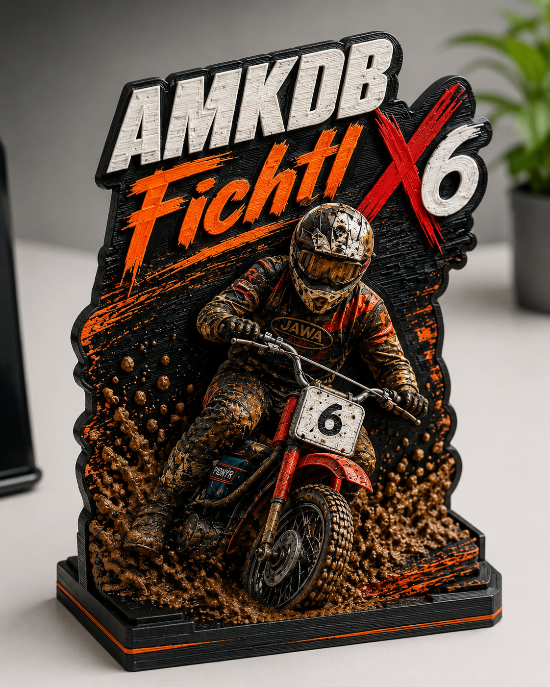 3D tištěná plaketa AMKDB Fichtl X6 s motokrosovým jezdcem na stojánku